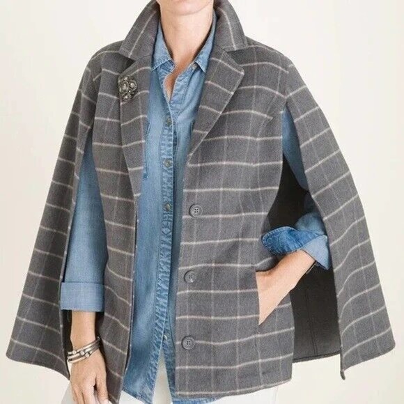 Chico's Jackets & Blazers - NWT Chico's Plush Windowpane Print Cape Jacket Gray Women's Size 3 16/18 H14623